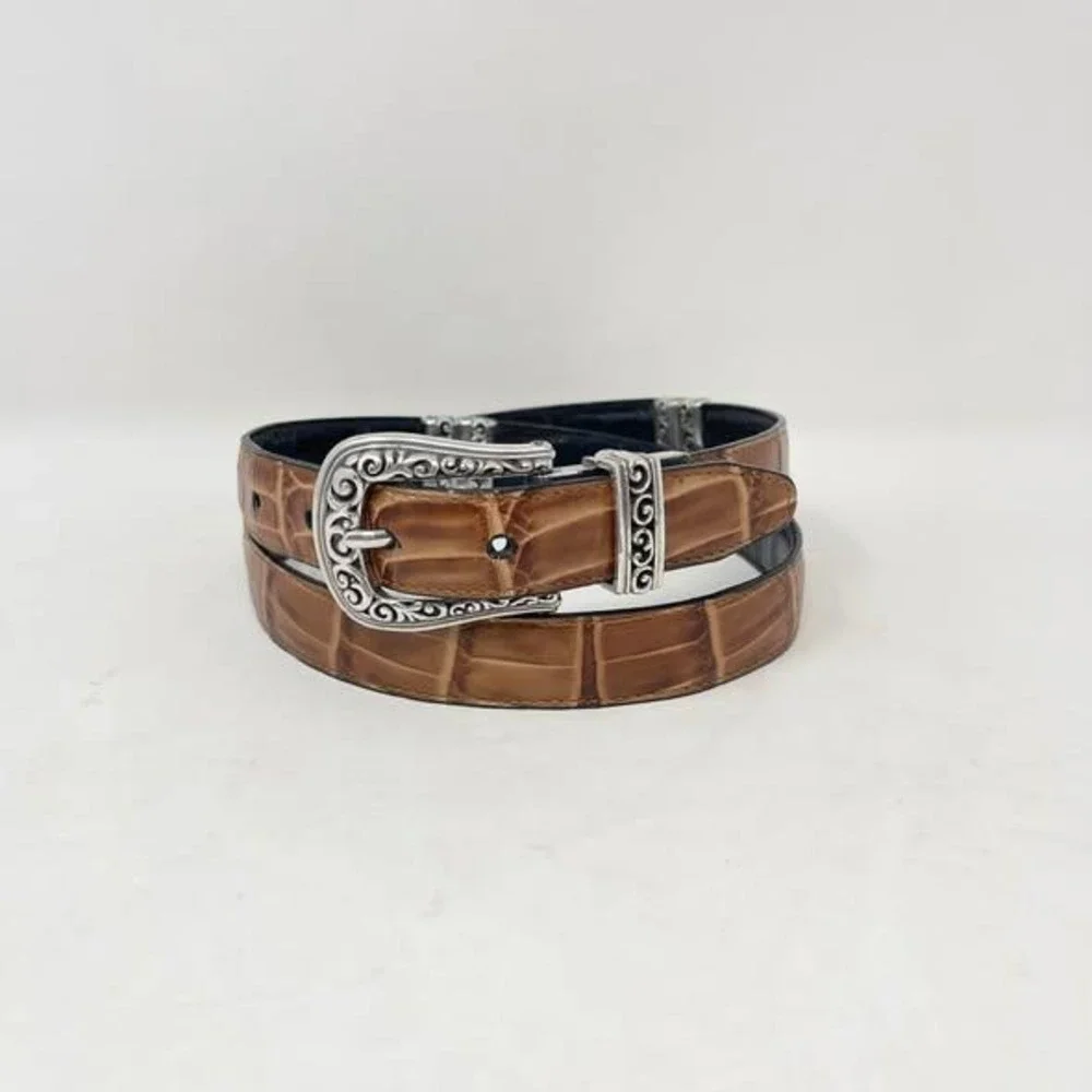 Brighton Reversible Leather Belt Wms 36 Navy Blue Brown Croc Embossed Silver